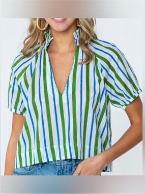 Olivia James Striped V-Neck Crop Top in Green & Blue